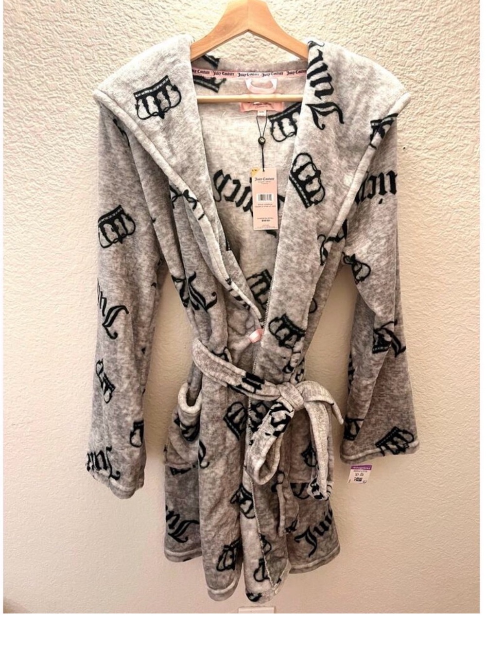 Juicy Couture Gray Hooded Logo Plush Bathrobe luxurious